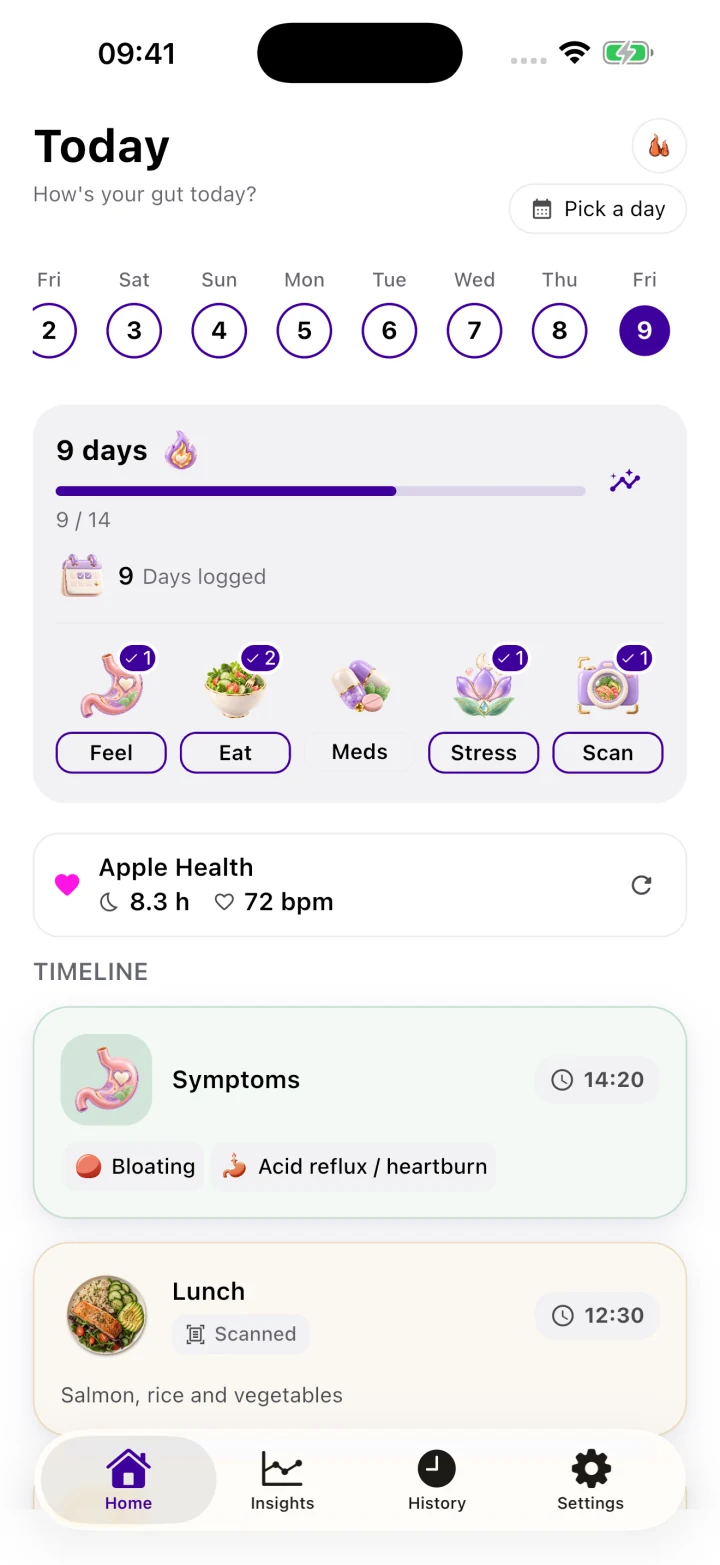 Gutrack Today dashboard in English, with daily logging, a nine-day streak, Apple Health data and a symptom timeline