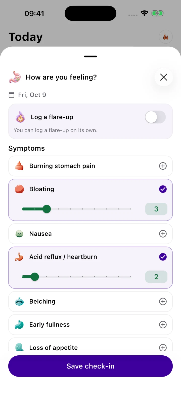 Capture how you feel: select symptoms such as bloating and reflux, set their intensity, and log a flare-up
