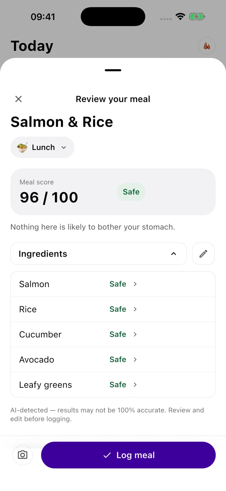 Ingredient detail: review the individual ingredients in a scanned meal and their gut safety ratings
