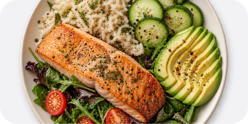 Salmon with rice, avocado, cucumber and salad, from the supplied meal preview
